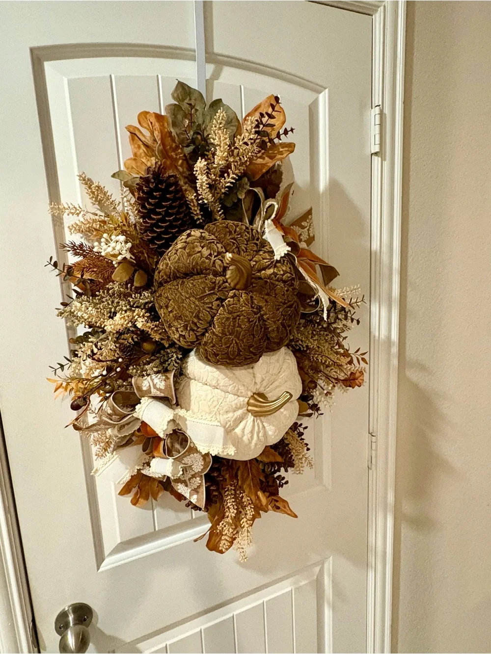 Velvet Pumpkins Fall Wreath, Gold Stems, Lace Ribbon, Luxe Autumn Door Decor